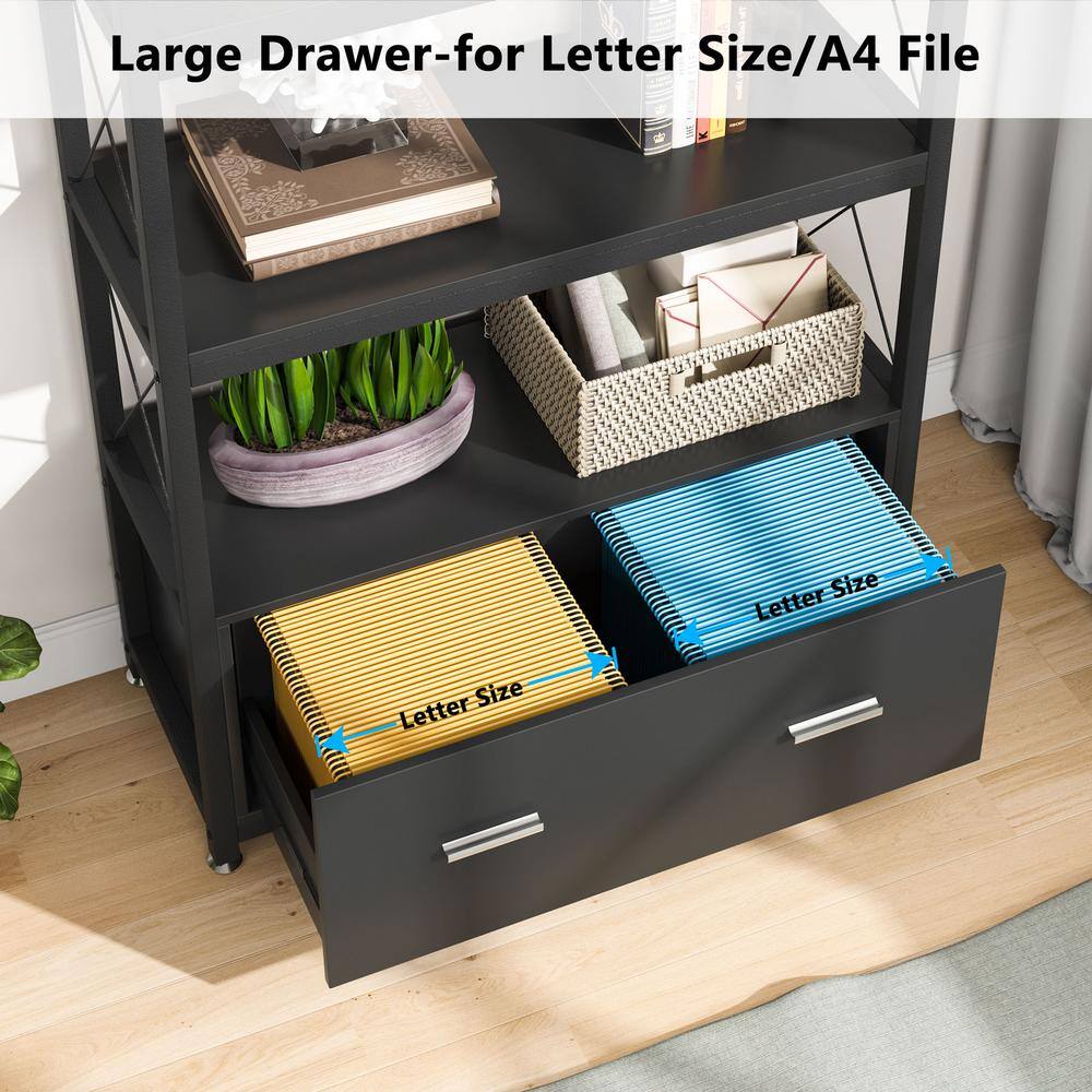 BYBLIGHT Atencio Black File Cabinet with Drawer and Open Storage Shelves Bookcase for Letter SizeA4 Size Lateral BB-C0646DT