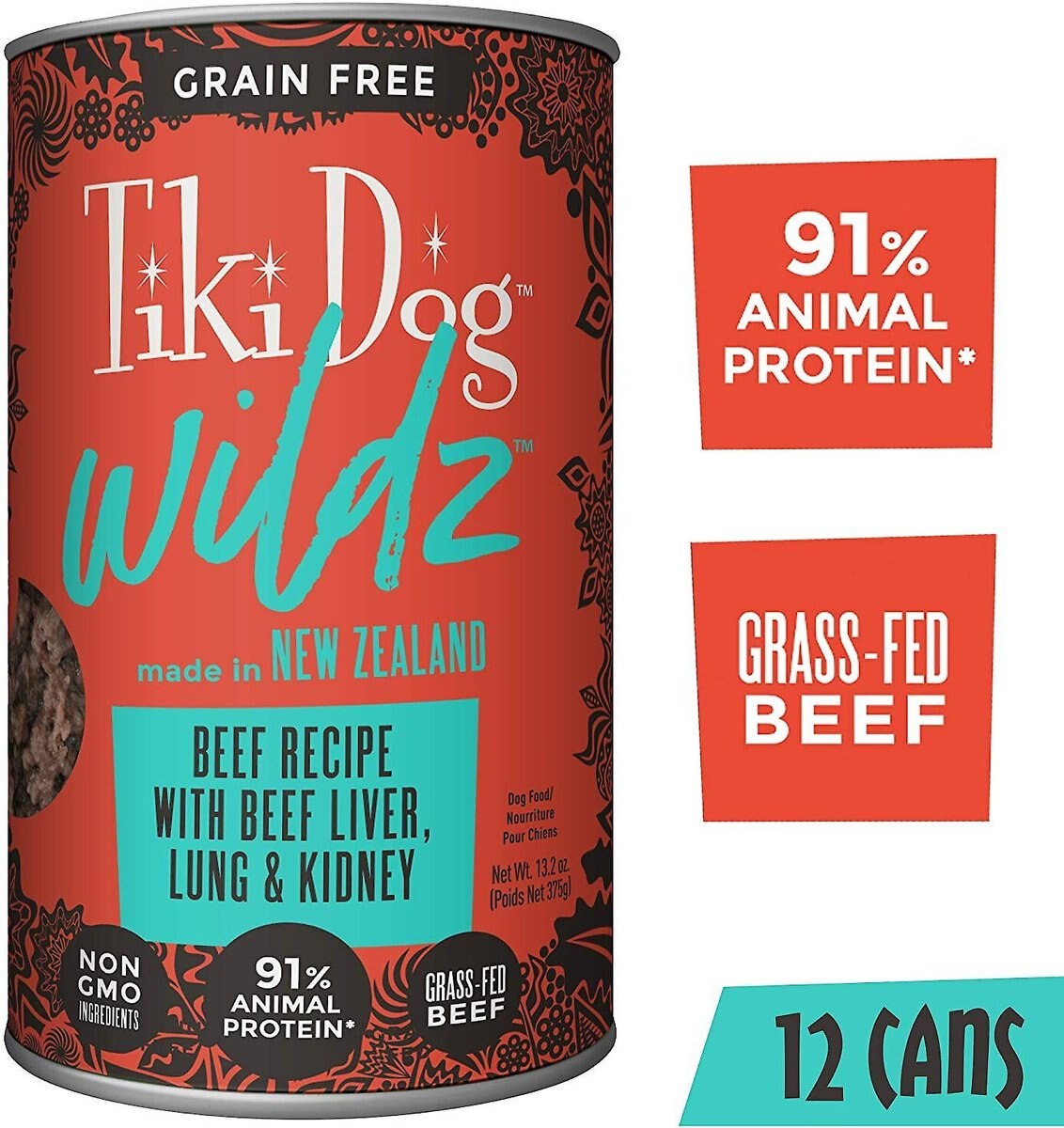 Tiki Dog Wildz Beef Recipe with Beef Liver， Lung and Kidney Grain-Free Wet Dog Food， 13.2-oz can， case of 12