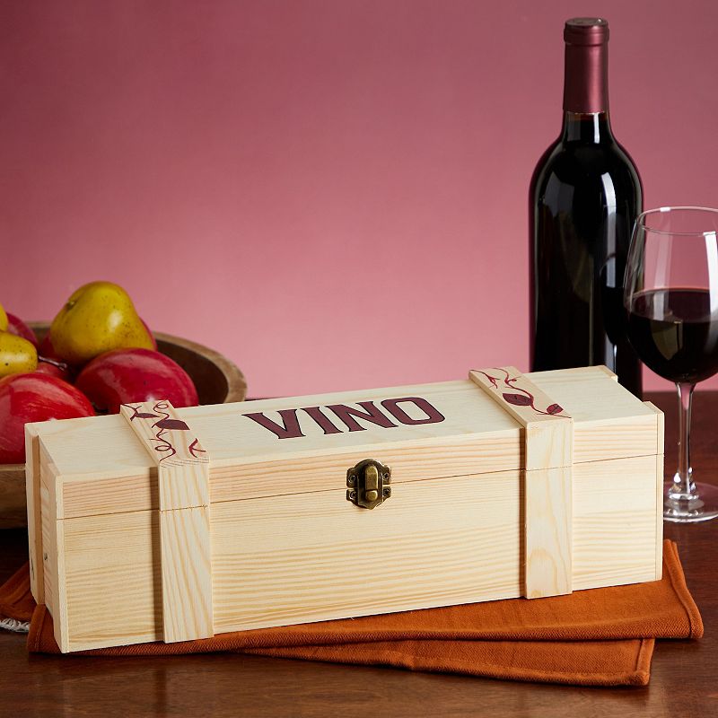 Wooden Wine Crate with Hinged Clasp for Single Bottle， Pinewood VINO Gift Box (13.8 x 4 x 3.9 In)