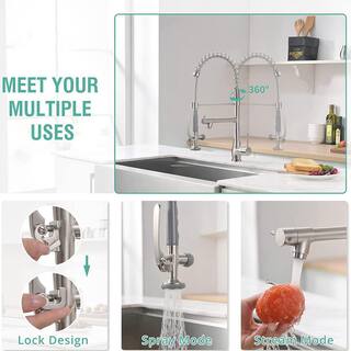 GIVING TREE Single-Handles 2-Spout Commercial Pre-Rinse Spring Pull Down Sprayer Kitchen Faucet in Brushed Nickel HDLTQA0019