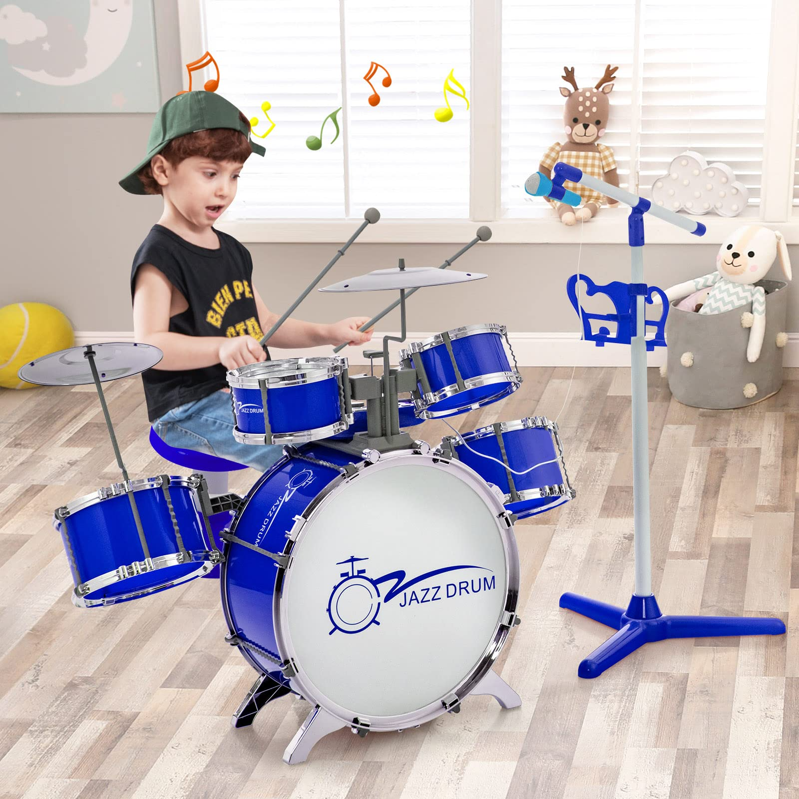 Costzon Kids Drum Keyboard Set with Stool & Microphone Stand, Jazz Drum Set with Cymbal