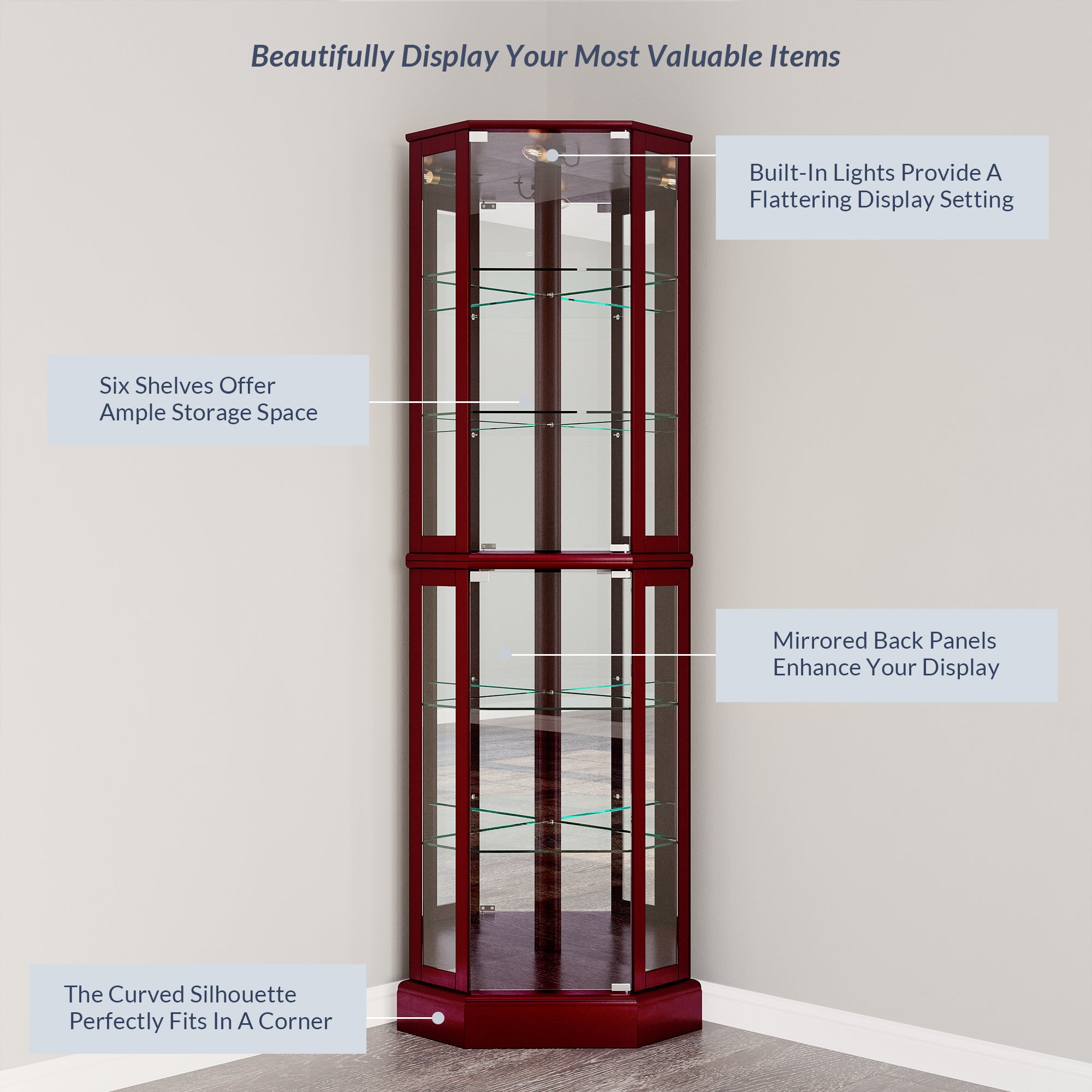 BELLEZE Ashfield Lighted Wood/Glass Curio Corner Cabinet Floor Standing， Cherry