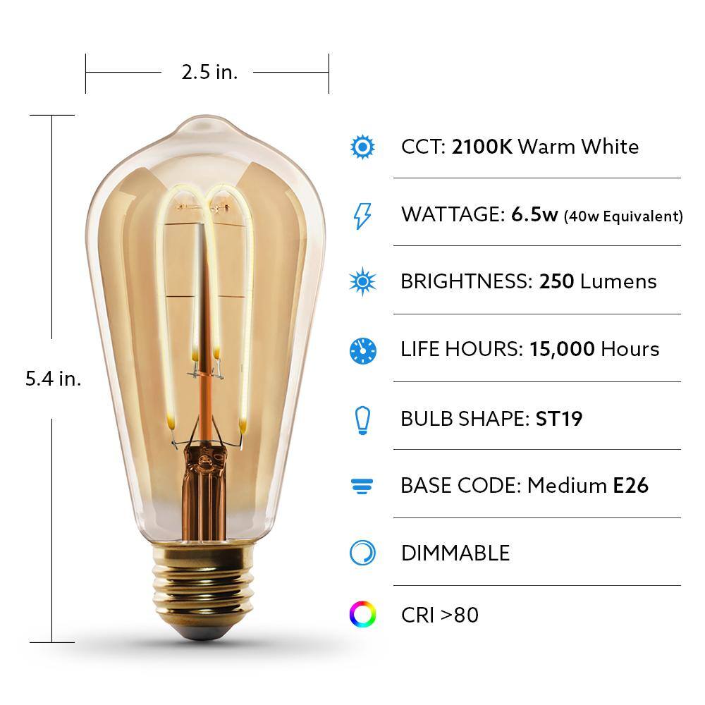 Feit Electric 40-Watt Equivalent ST19 Dimmable M Shape Filament Amber Glass Vintage Edison LED Light Bulb Warm White ST1940MLEDHDRP