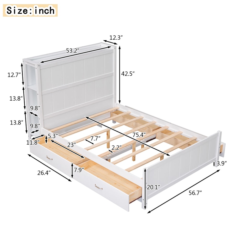 Full Size Platform Bed with Drawers and Storage Shelves  Gray