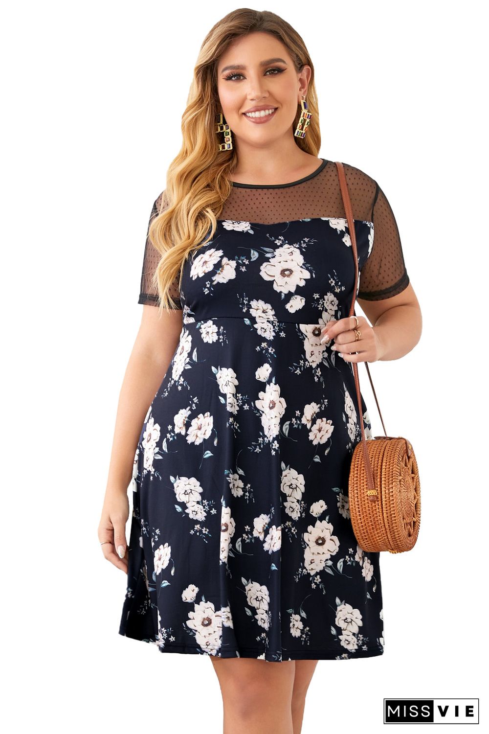 Plus size Floral Print Polka Dots Mesh Patch Mini Dress