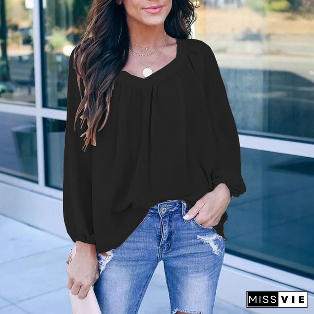 Plus Size XS-5XL Women's Fashion Clothes Pure Color Long Sleeve Shirts Elegant Ladies Casual V-neck Tops Spring and Autumn Bow-knot Lace Up Loose Chiffon Blouse