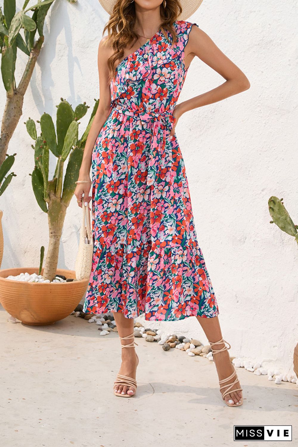 One Shoulder Ruffle Tie Waist Floral Dress