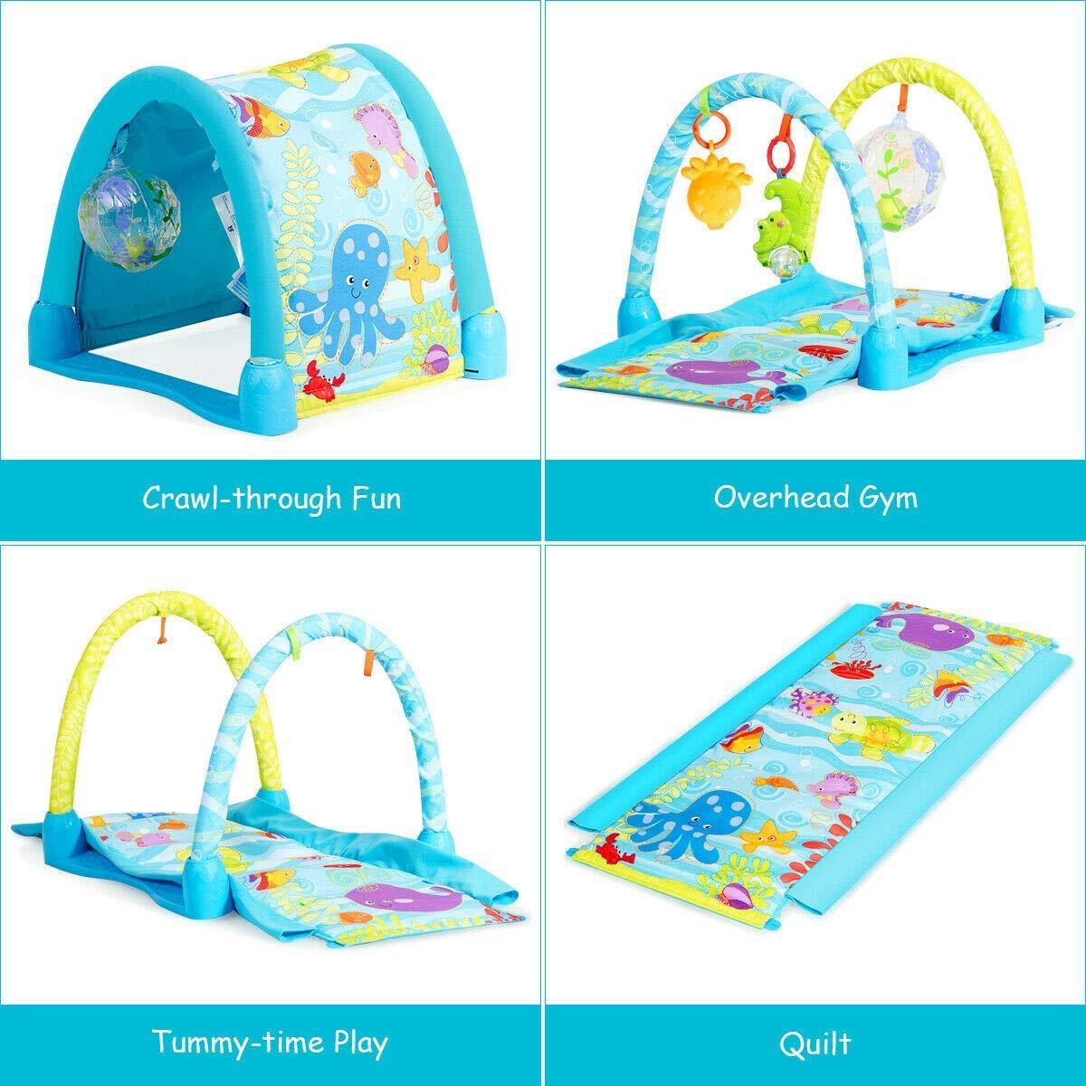 BABY JOY 4-in-1 Baby Play Gym Mat, Underwater World Baby Explore Crawling Tunnel with Steady Frame and 3 Hanging Toys