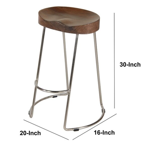 Farmhouse Counter Height Barstool with Wooden Saddle Seat and Tubular Frame， Large