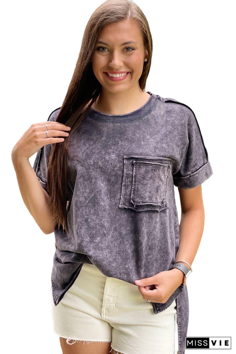 Gray Vintage Mineral Wash Pocketed Tee with Slits