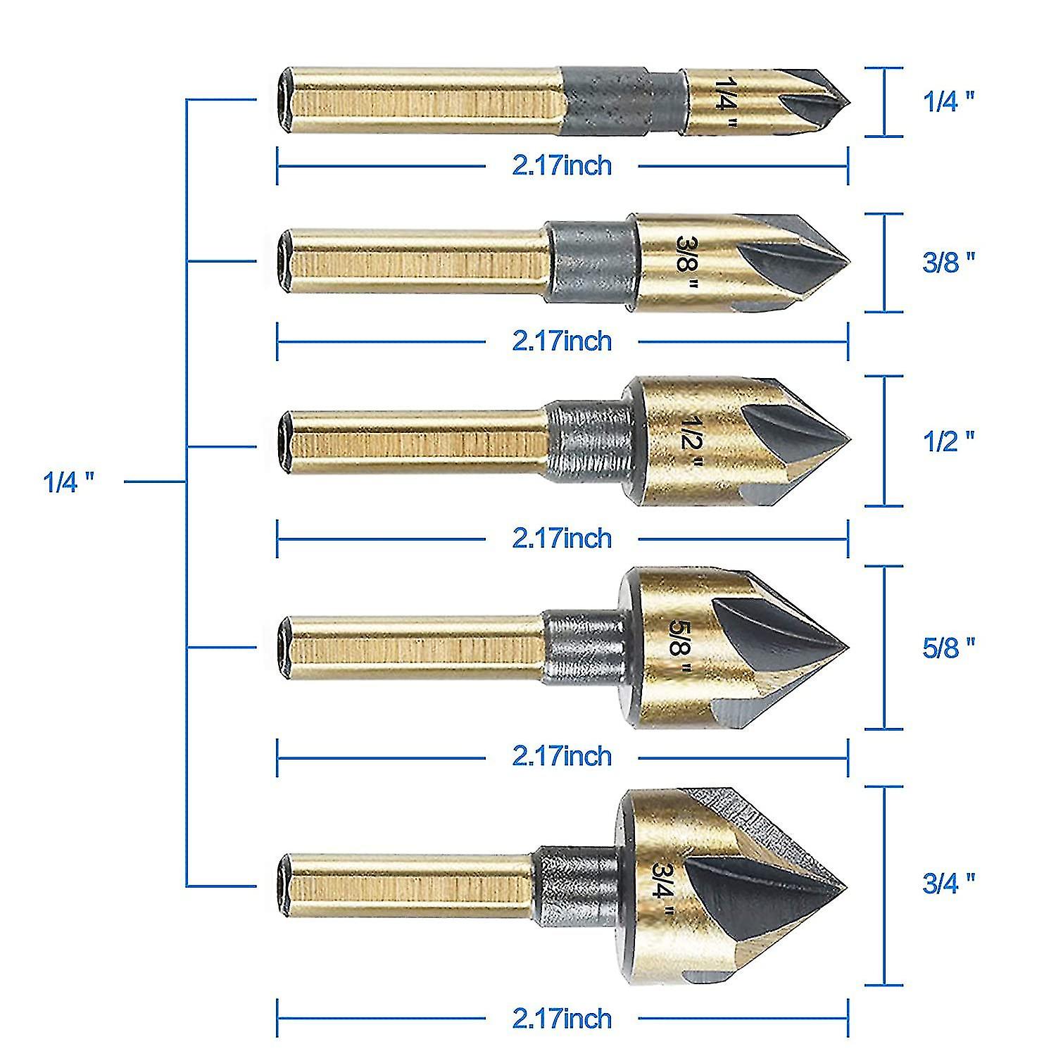 5pcs 82 Degree 5 Flute 6mm High Speed Steel Hex Shank Tapered Drill Bit Set With 6mm Round Shank