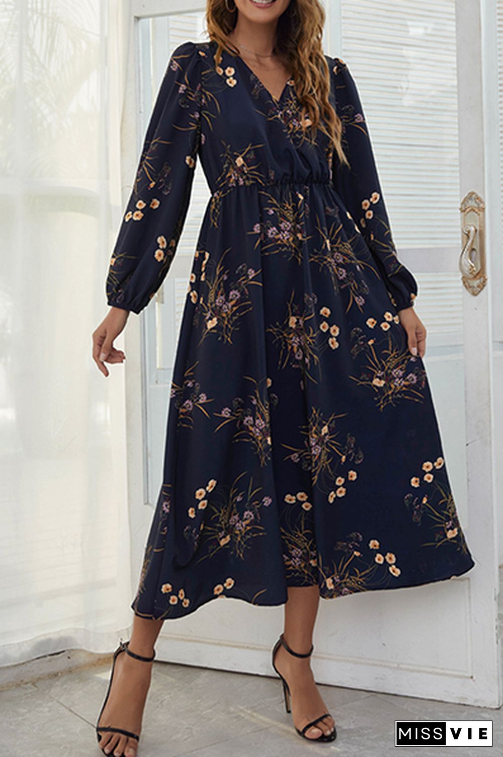 Elegant Floral Split Joint Fold V Neck A Line Dresses