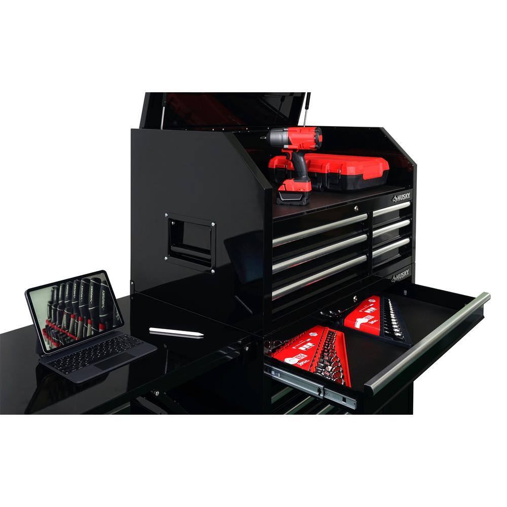 Husky 41 in. W x 24.5 in D Standard Duty 12-Drawer Rolling Tool Chest and Top Tool Cabinet with Side Table in Gloss Black HOTC4112B13S