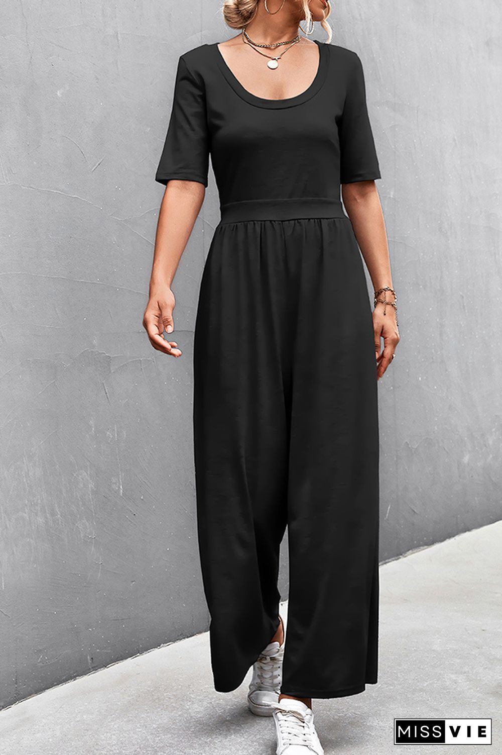 Solid Color Short Sleeve Wide Leg Jumpsuit Wholesale