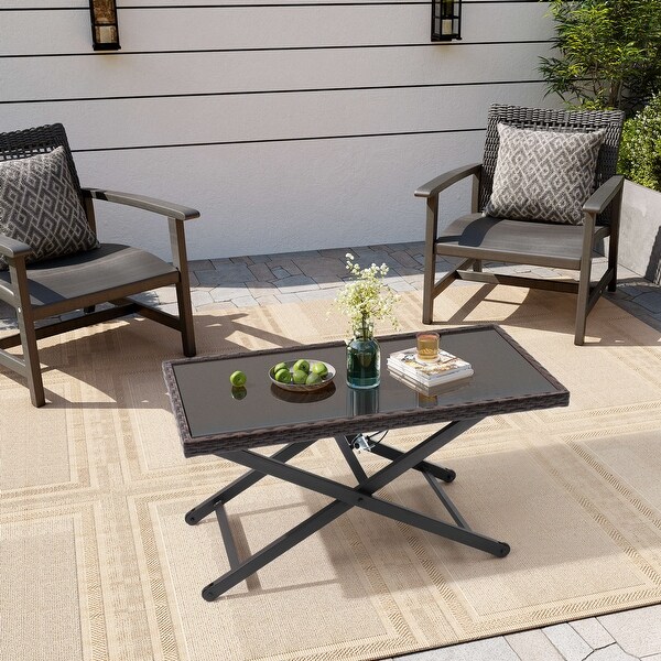 Outdoor Coffee Table Side Table Fits with Conversation Set，PE Rattan and Glass Tabletop，Adjustable Height