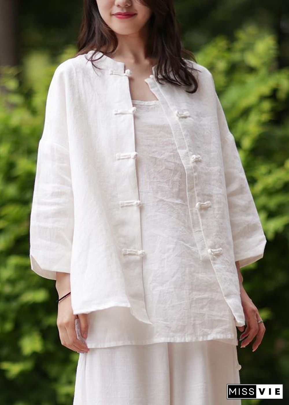 Women stand collar Chinese Button cotton Blouse white silhouette blouse