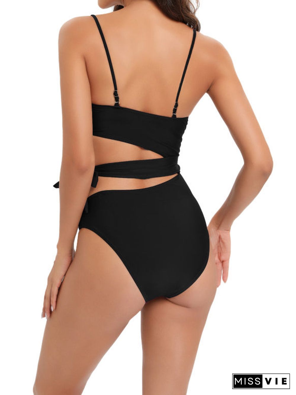 Solid Lace-up One Piece Swimwear