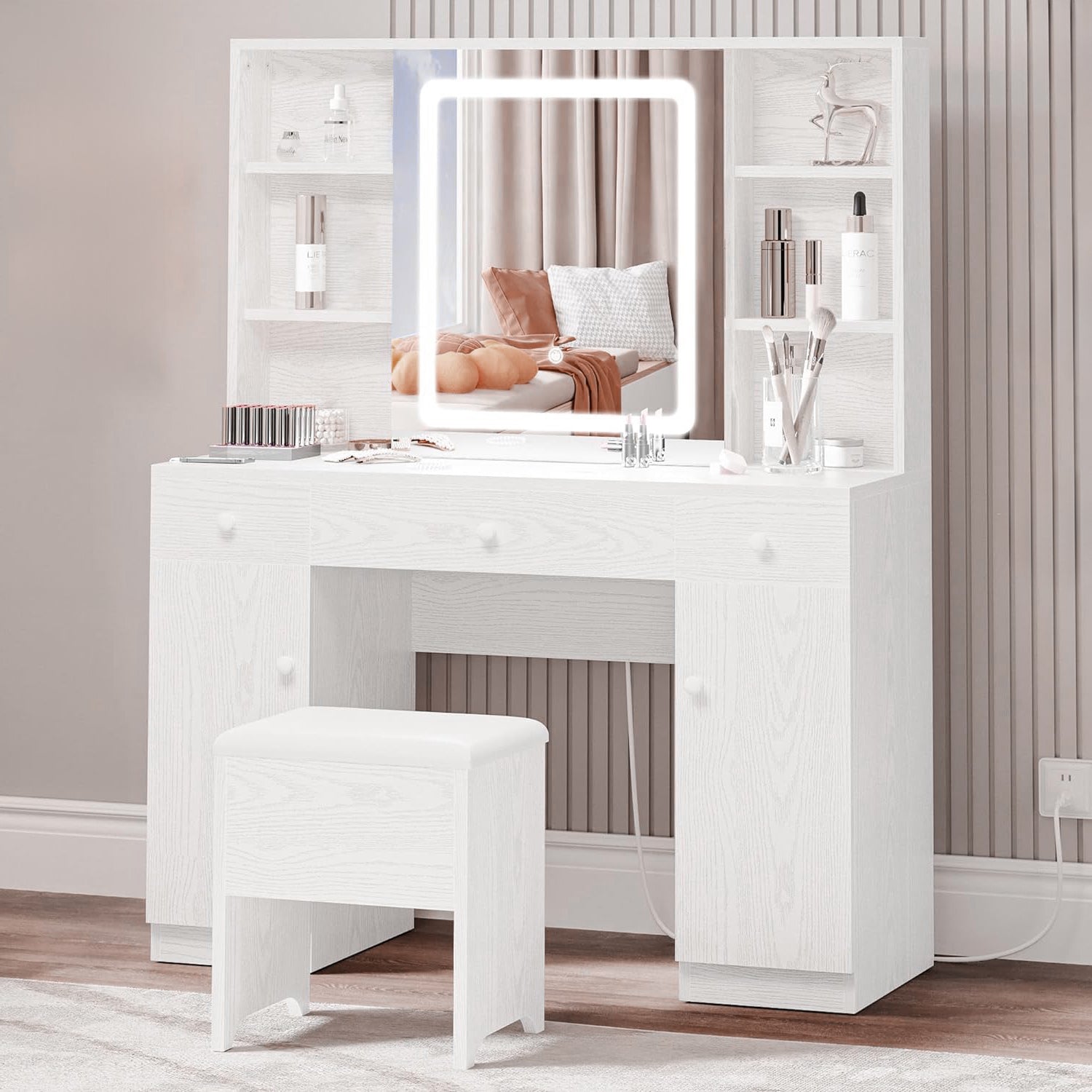 Vanity Desk Set LED Lighted Mirror Vanity with Power Outlet, Storage Bench