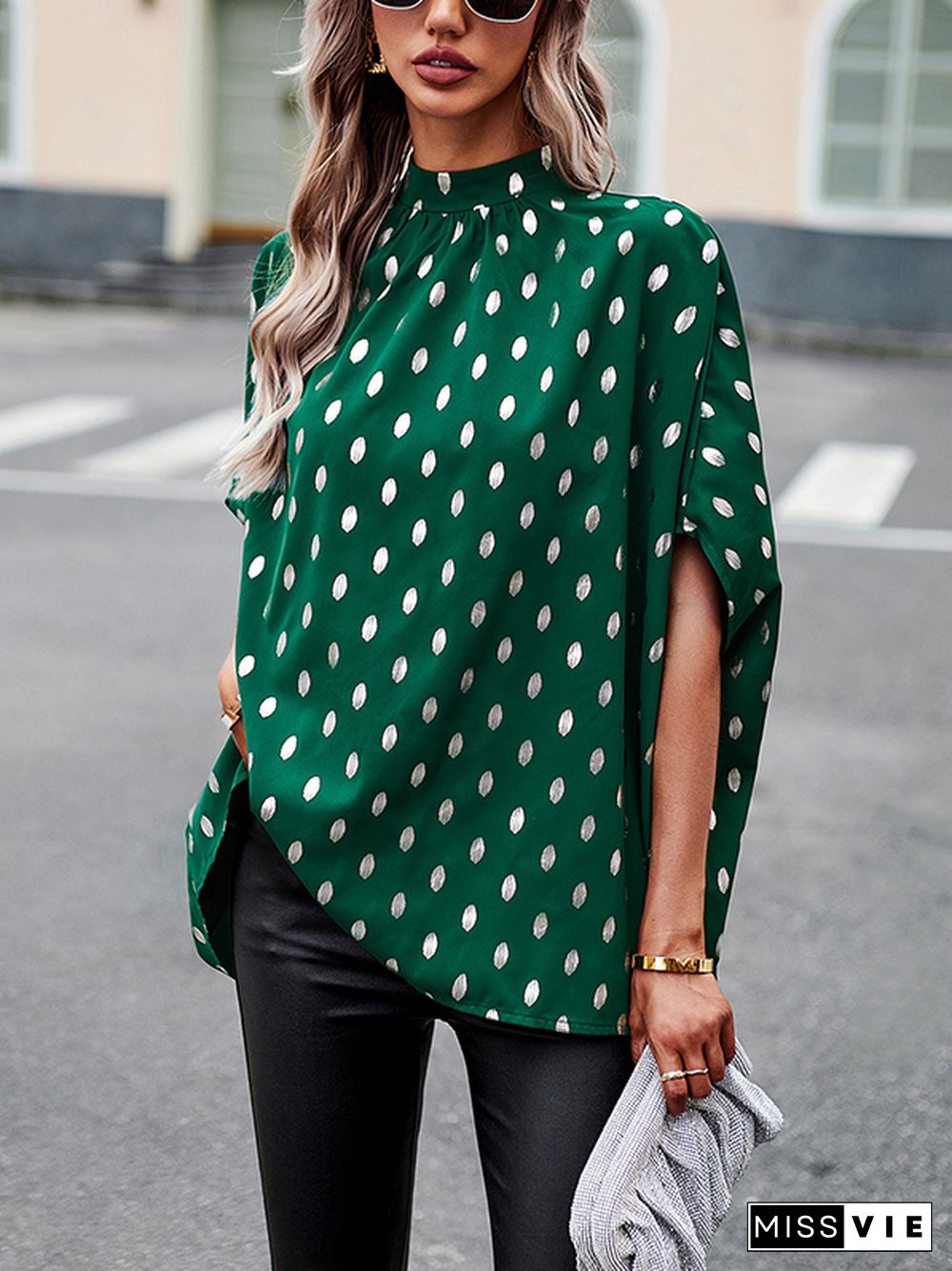 Loose Bandage Polka Dot Round-Neck Blouses&Shirts Tops