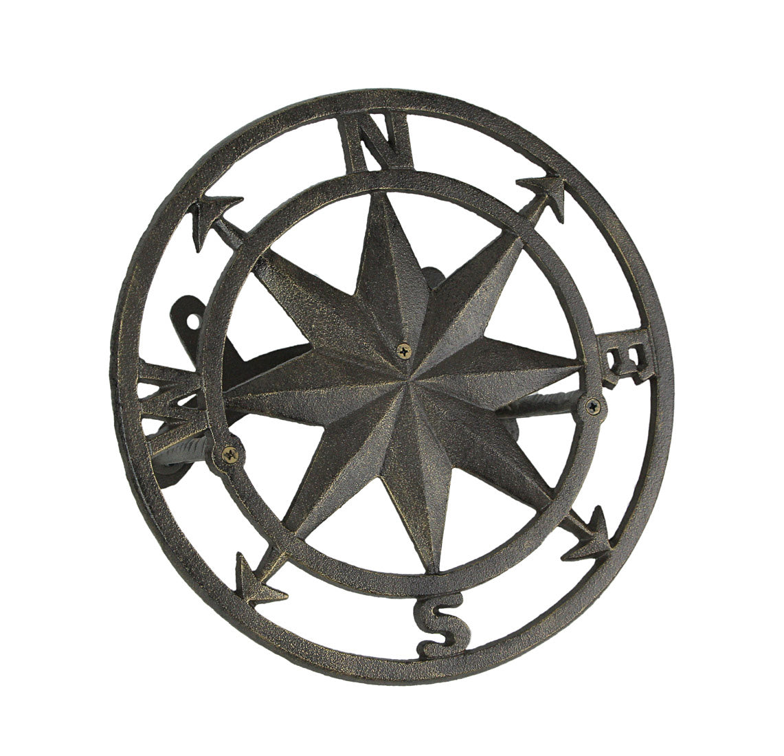 Zeckos Cast Iron Compass Rose Wall Mounted Decorative Hanging Garden Hose Holder Bronze