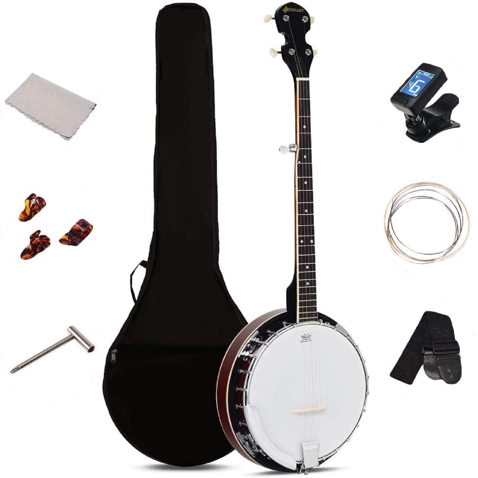 5-String Banjo 24 Bracket with Geared 5th tuner and Mid-range Closed Handle, Include 420D Oxford Cloth Bag, One Strap, Wiper, 3 Picks for Beginners