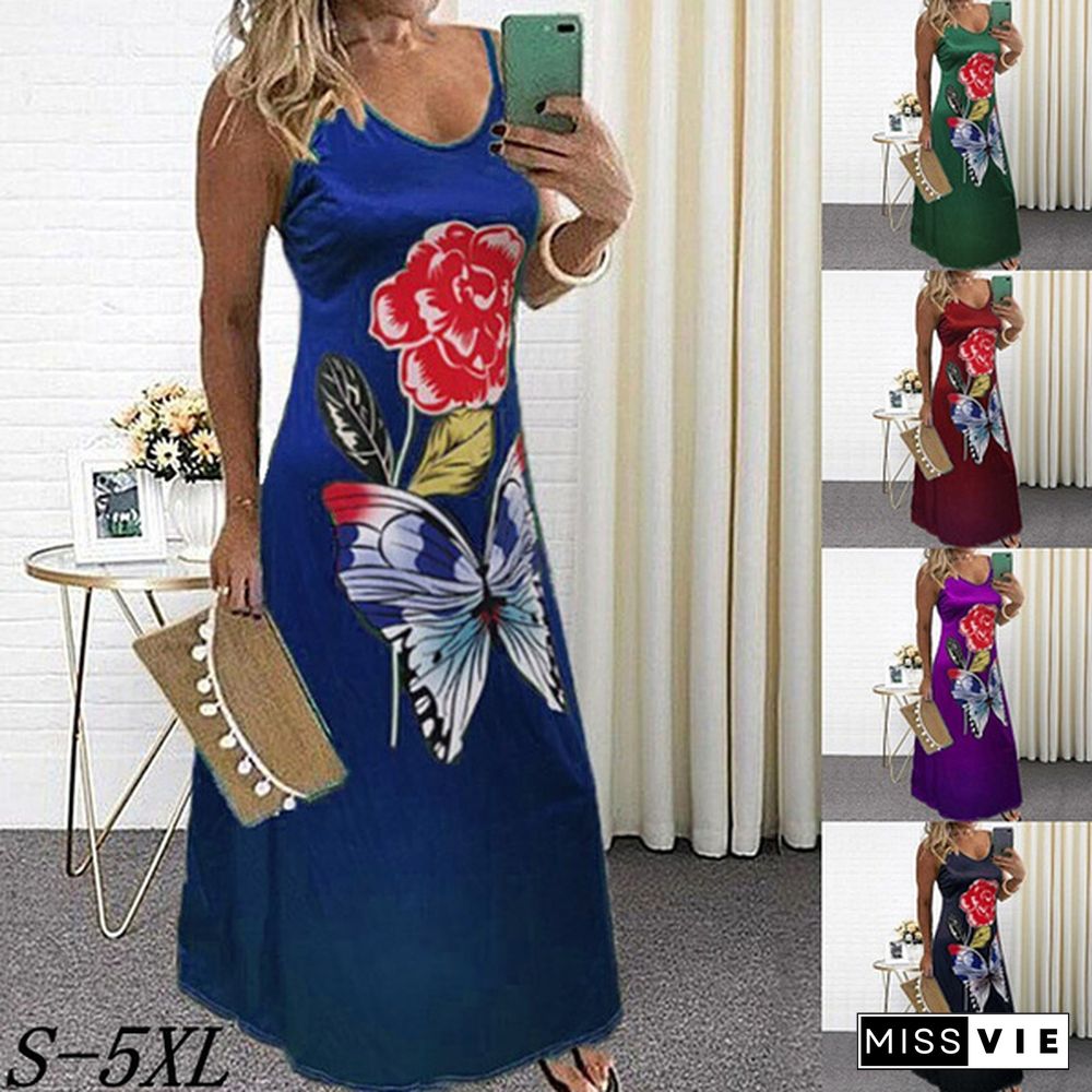 New Plus Size Fashion Women's V-neck Sleeveless butterfly Printing Dress Summer Beach Party Loose Casual Long Skirt Dress S-5XL