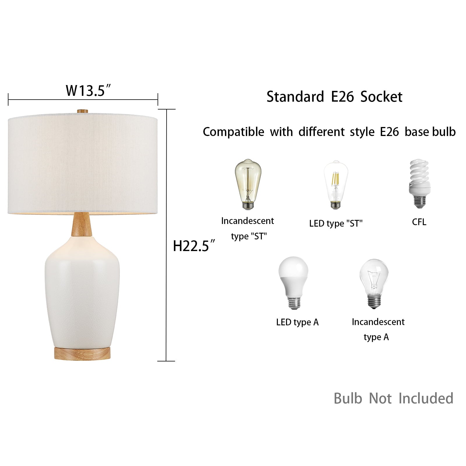 KYRID 22.5'' White Ceramic Table Lamp with Fabric Shade,Natural Wood Finish