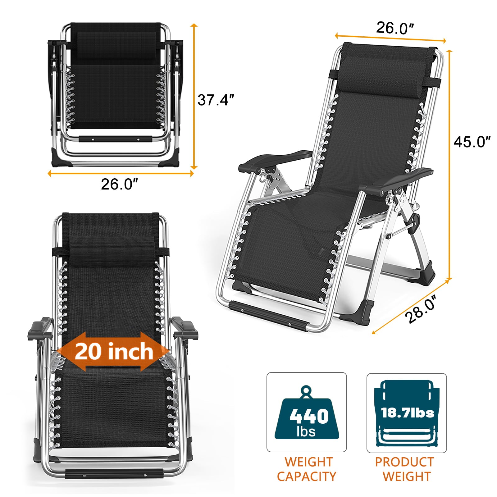 Docred Oversized Padded Zero Gravity Chair, Folding Outdoor Patio Recliner w/ Headrest &Detachable Cushion Side Tray