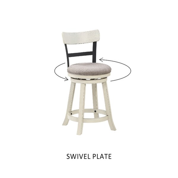 24 Inch Handcrafted 360 Degree Swivel Counter Stool， Curved Open Back， White Wood Frame， Cream Cushioned Seat