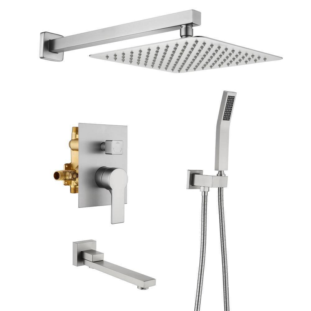 FLG Single-Handle Rain 1-Spray 10 in. Wall Mounted Tub and Shower Faucet with Hand Shower in Brushed Nickel (Valve Included) SS-0210-BN-10