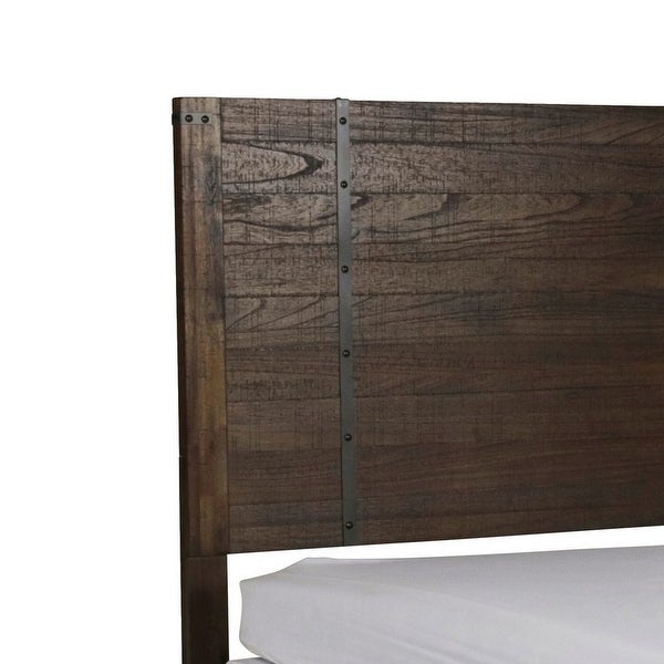 Queen Size Plank Style Headboard with Metal Strips and Rivet Accents， Brown - - 31575553