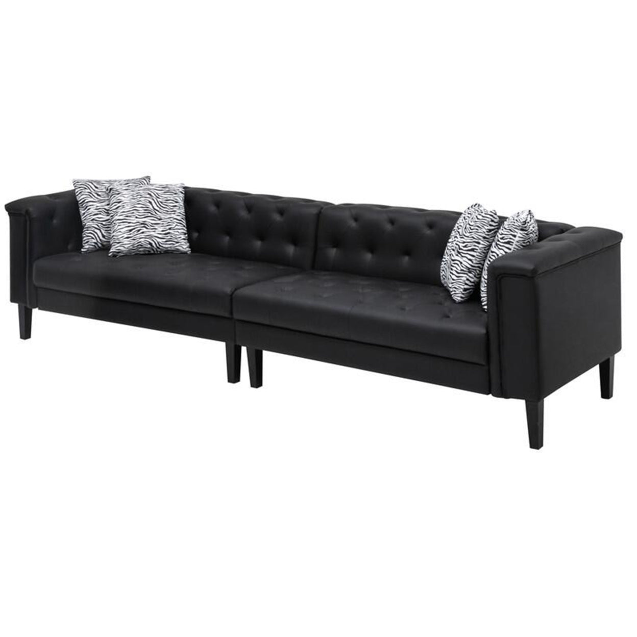 Ella 120 In. 4 Seater Sofa, Deep Button Tufted, Black Vegan Faux Leather- Saltoro Sherpi