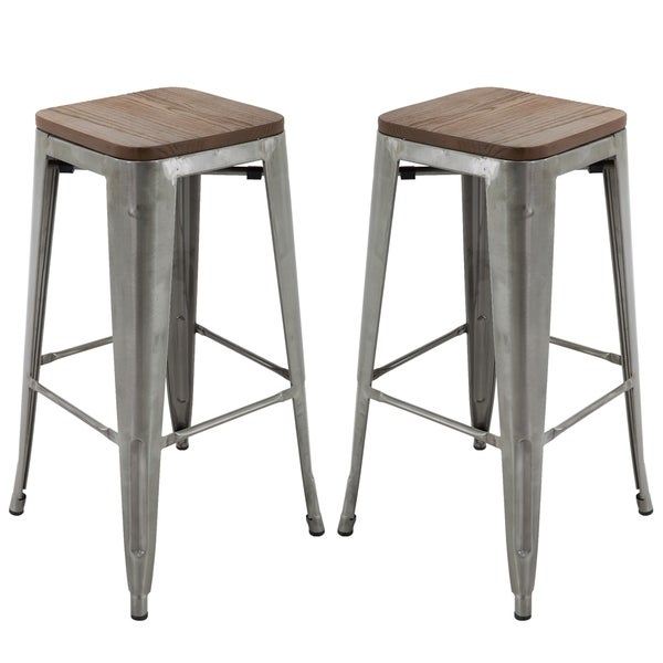 Carbon Loft Borelli Elm Wood/ Brushed Grey Metal 30-inch Bar Stools (Set of 2)