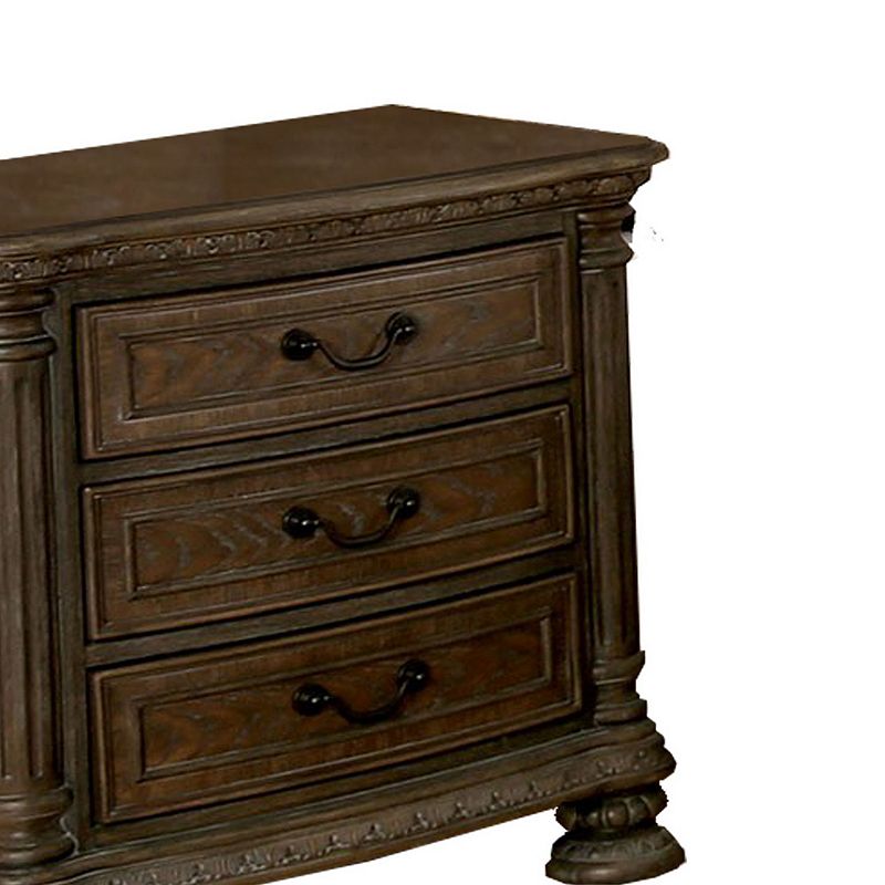 Wooden Nightstand with 3 Drawers and Intricate Carving Details， Brown