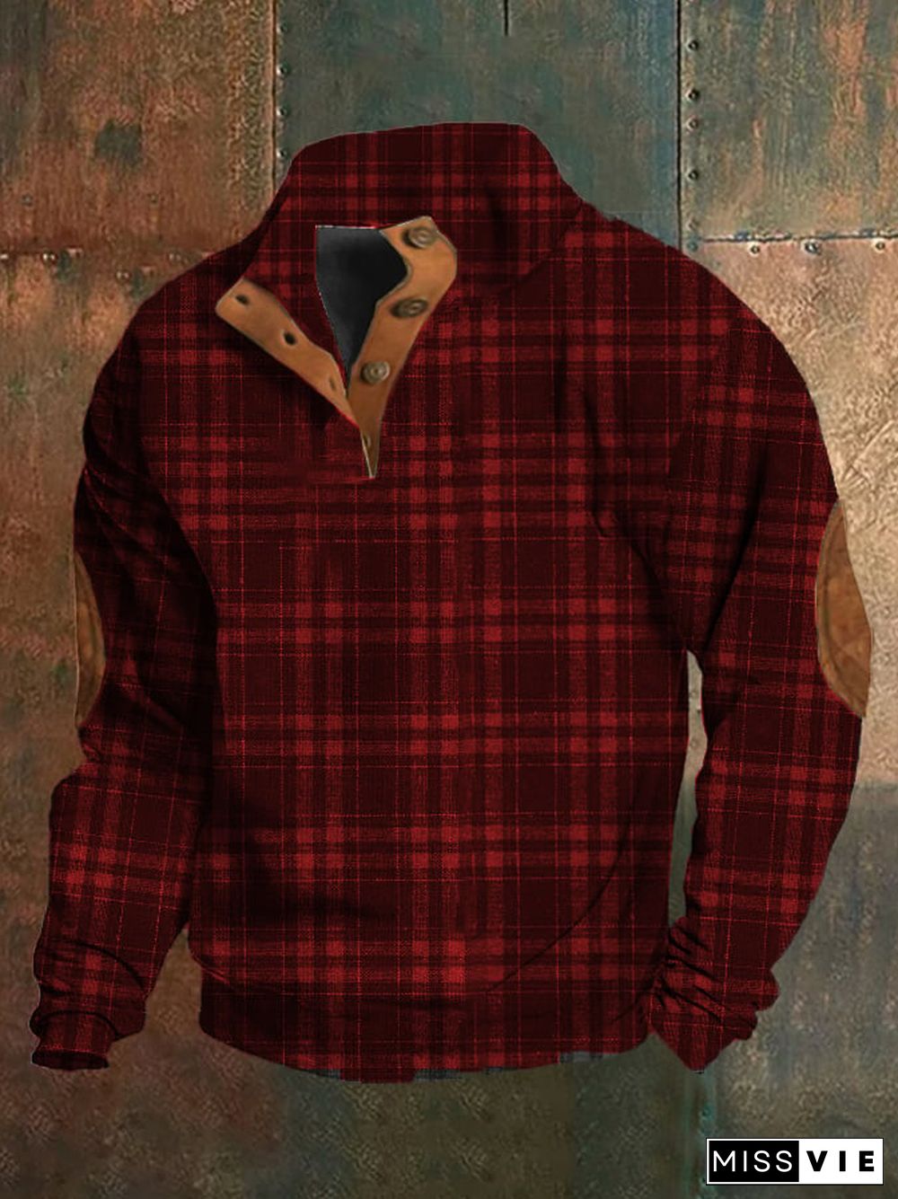 Men's Western Vintage Plaid Print Stand Collar Button-Down Sweatshirt