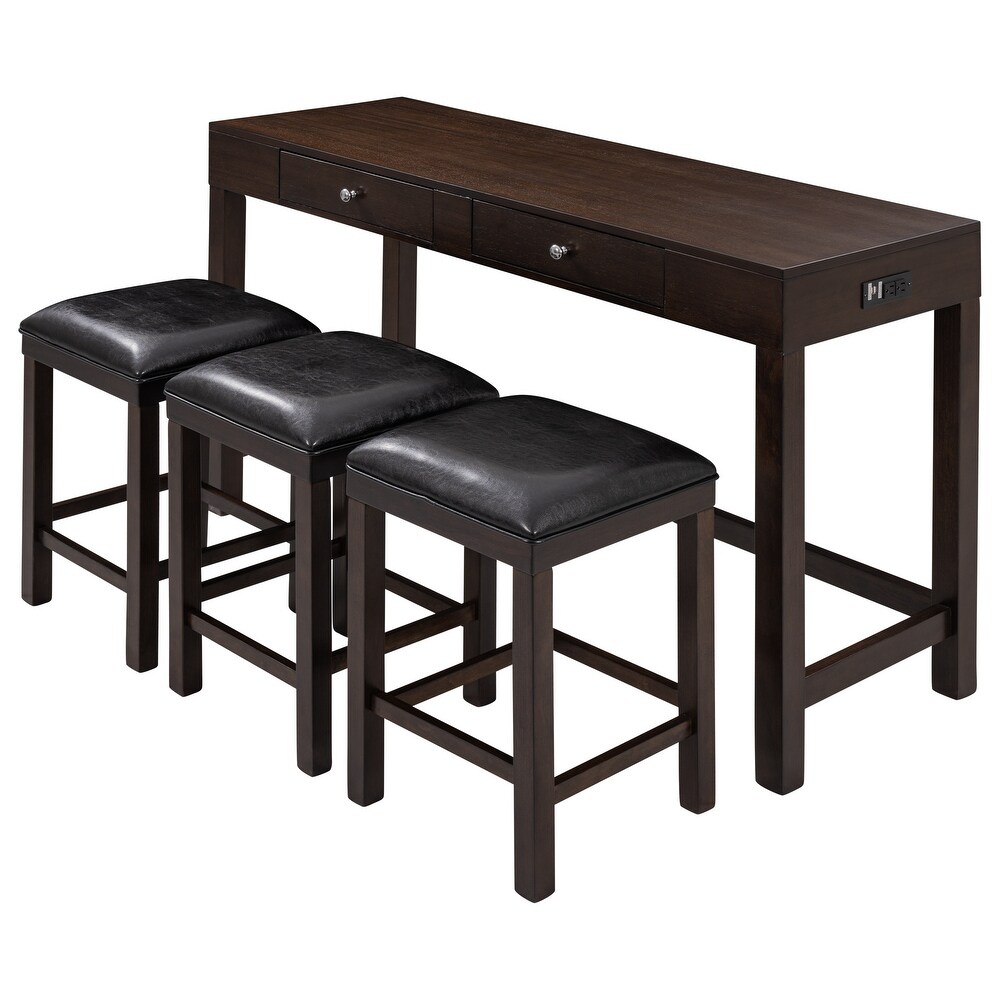 4 Piece Dining Table Set with Socket   Leather Padded Stools  Brown