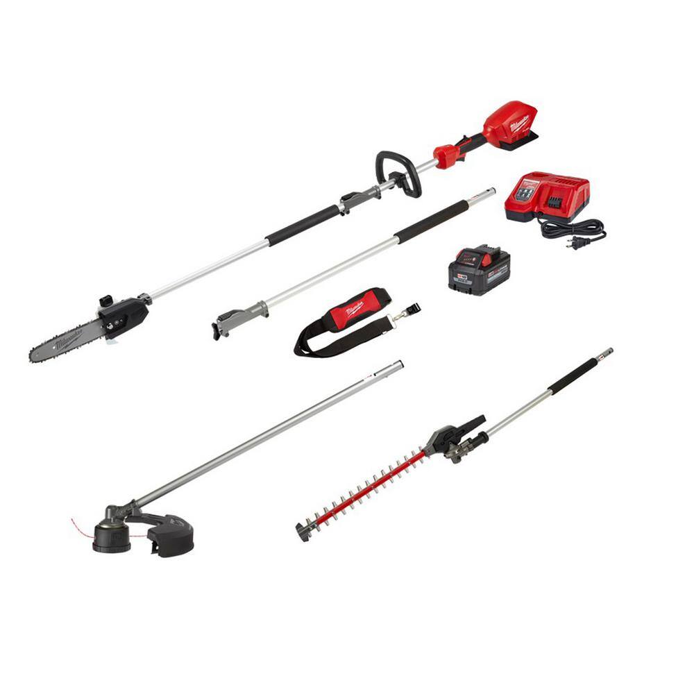 MW M18 FUEL 10 in. 18V Lithium-Ion Brushless Electric Cordless Pole Saw Kit with String Trimmer  Hedge Trimmer Attachments 2825-21PS-49-16-2717-49-16-2719