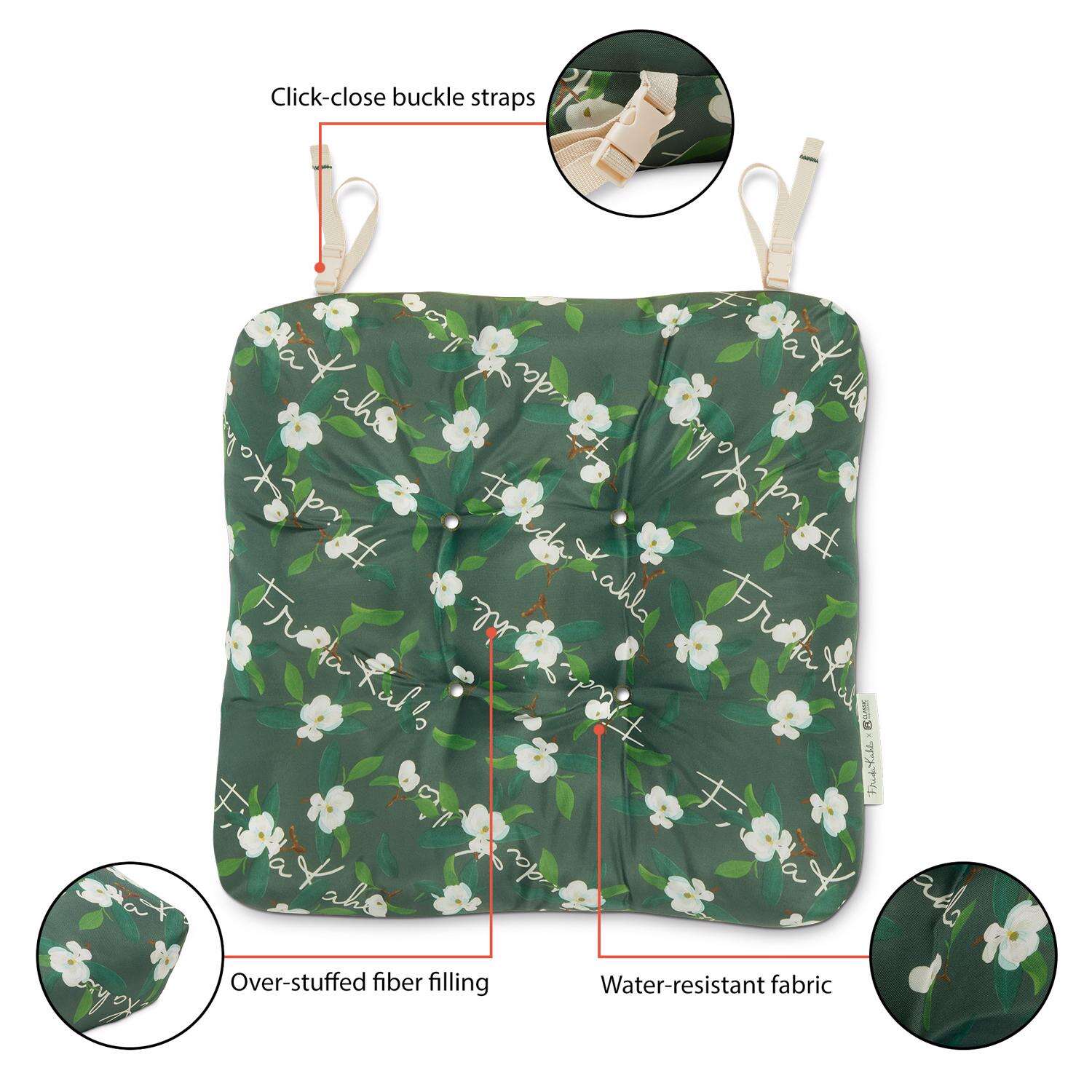 Classic Accessories Frida Kahlo Green/White Flores Dulces Polyester Chair Cushion 5 in. H X 19 in. W