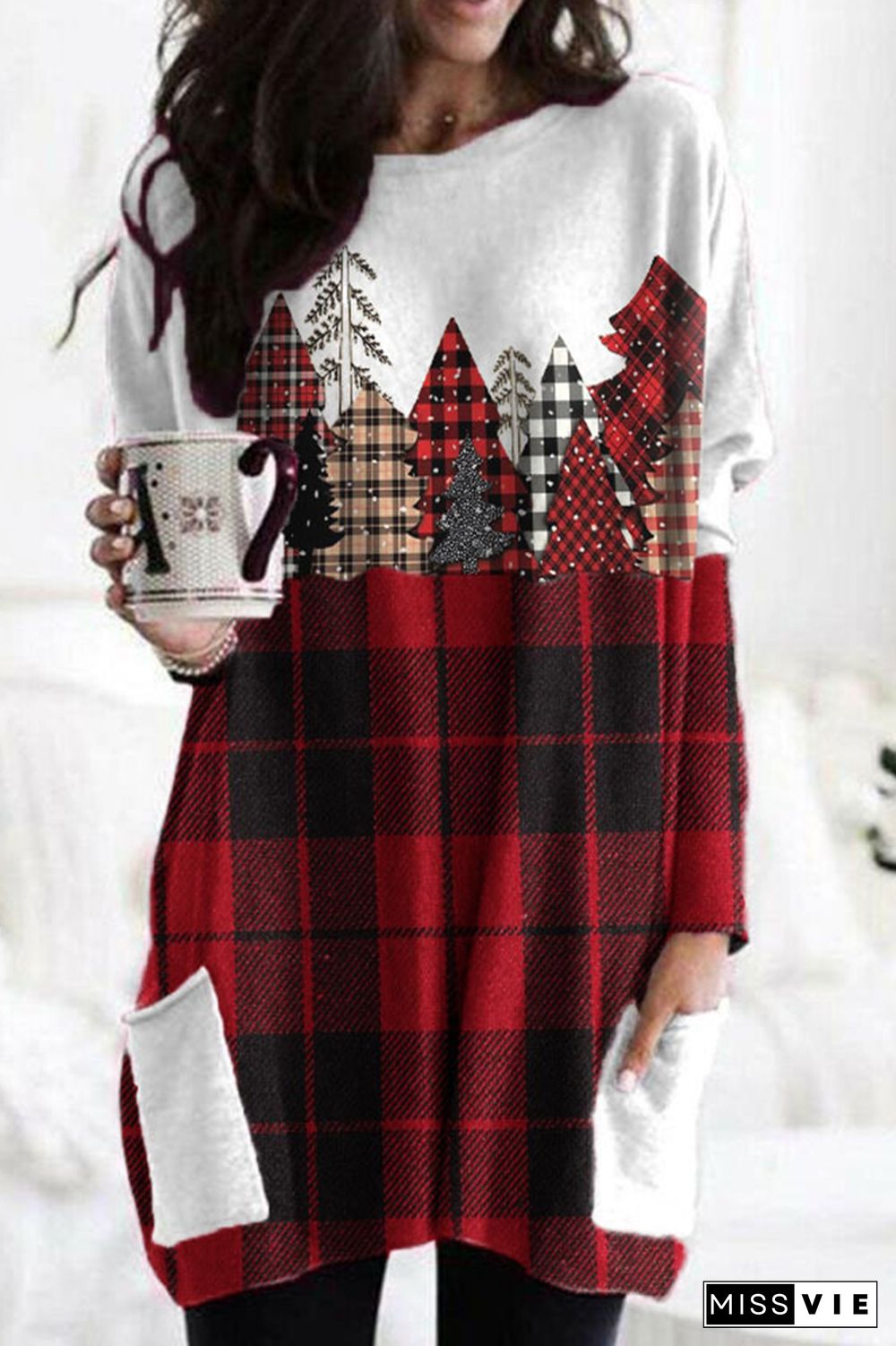 Christmas Plaid Pocket Pullover Long Sleeves Dress Wholesale