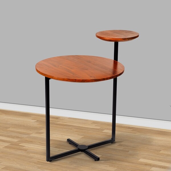 21 Inch Acacia Wood Accent End Table with 2 Tier Tabletops， Cross Shaped Base