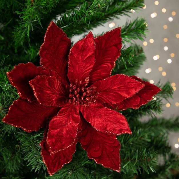 Red Glittered Velvet Poinsettia Christmas Stem Spray