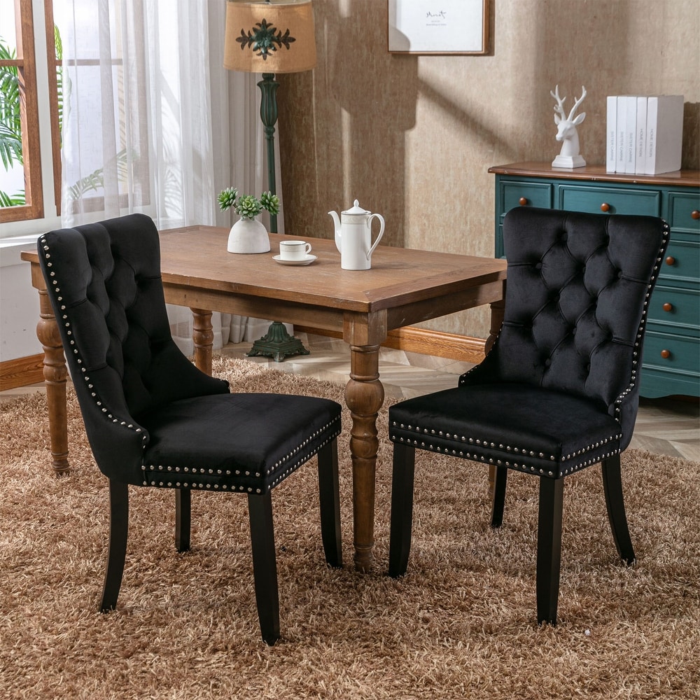 2 Piece Luxury Tufted Velvet Dining Chairs with Wood Legs   Nailhead Trim