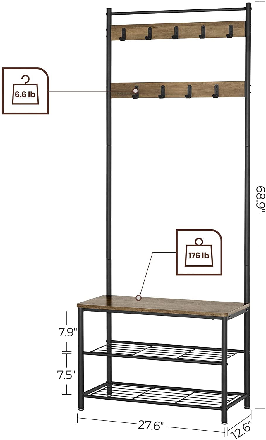 VASAGLE Coat Rack Hall Tree with Shoe Storage Bench Entryway Bench with Shoe Storage for Entryway Rustic Walnut and Black