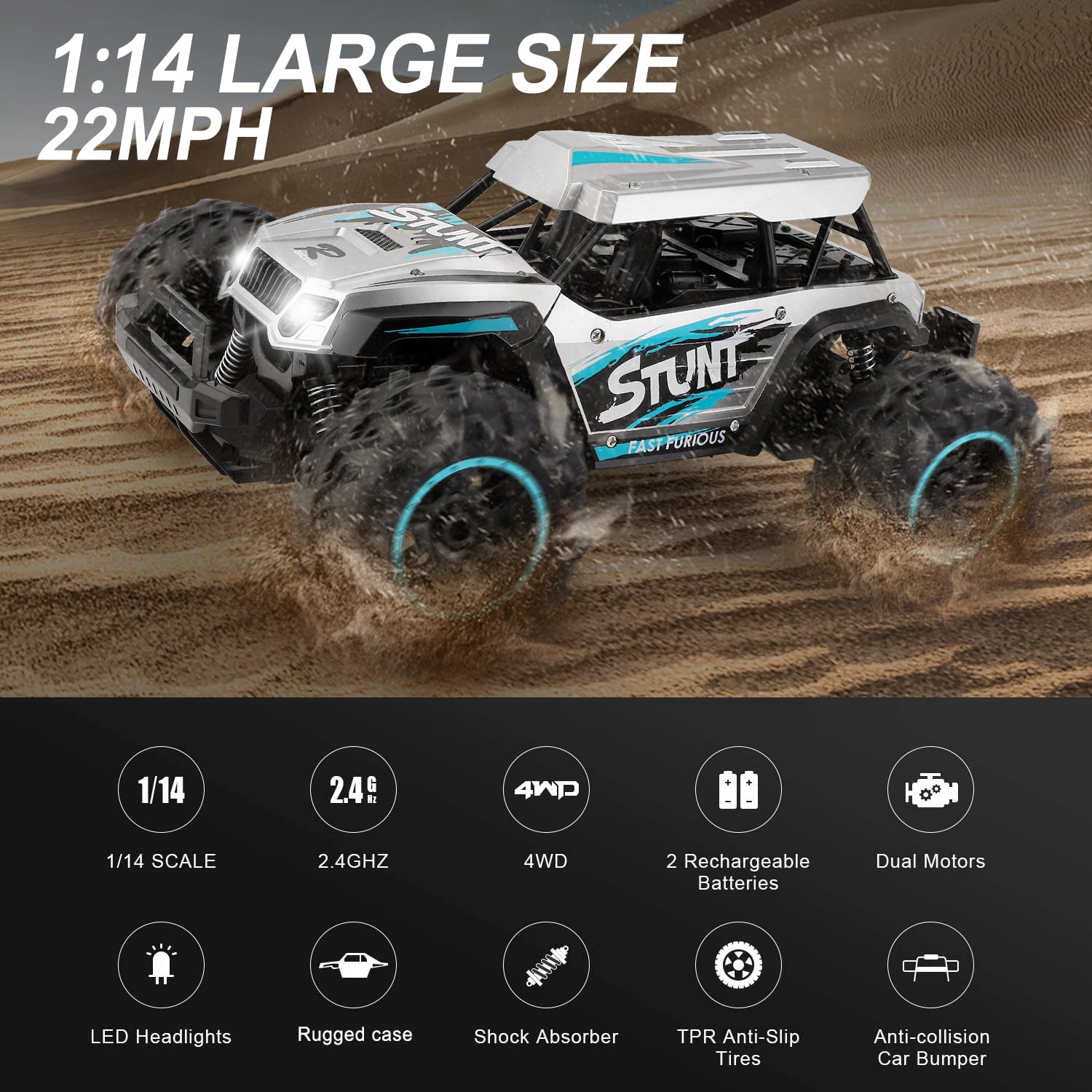 NETNEW Large 1:14 RC Cars Monster Truck Toys for Boys 3-6 Years Remote Control Car All Terrain Car