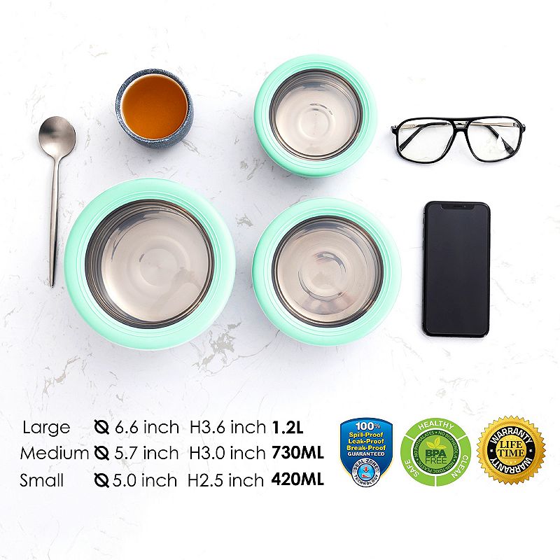 Lille Home Premium Stainless Steel Food Containers/Leakproof Bento Lunch Box With Anti-Slip Exterior， Set of 3， 420ML， 730ML，1.2L