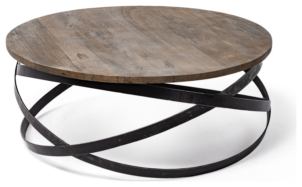 HomeRoots 40.5 quotRound Solid Wood Top Black Metal Base Coffee Table   Industrial   Coffee Tables   by VirVentures  Houzz