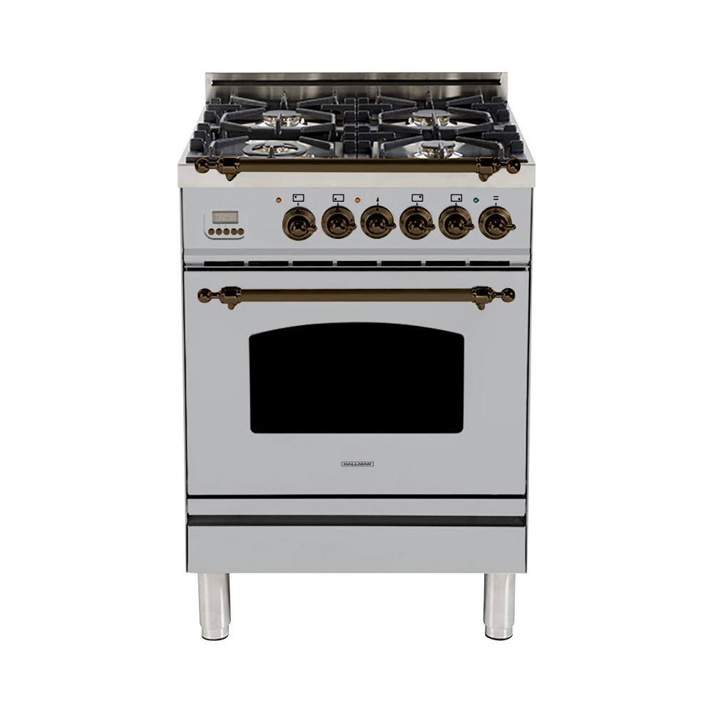 Hallman 24 in. 2.4 cu. ft. Single Oven Italian Gas Range with True Convection 4 Burners Bronze Trim in Stainless Steel HGR24BZSS