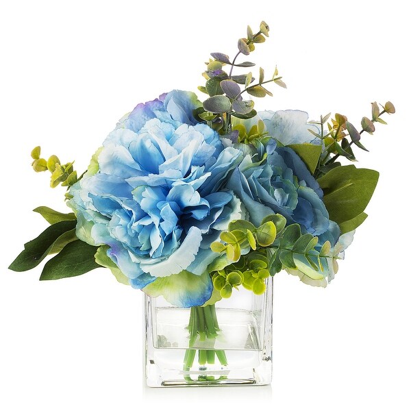 Enova Home Mixed Artificial Peony Flower and Eucalyptus Arrangement in Cube Glass Vase with Faux Water for Home Decór