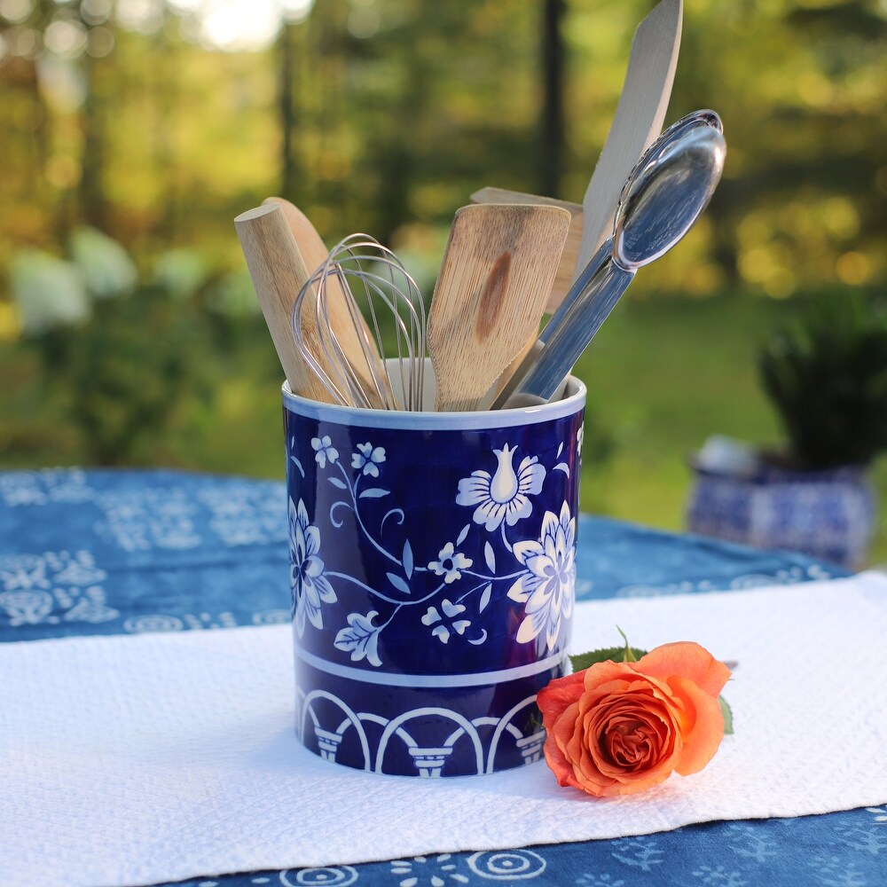 Euro Ceramica Blue Garden Utensil Holder   6.1 xx6.1 x7.4