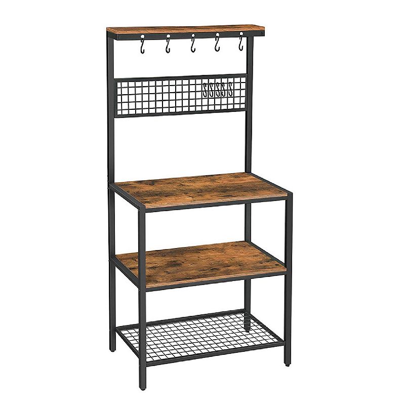 Kitchen Bakers Rack Cupboard With 10 Hooks， Mesh Panel， 3 Shelves